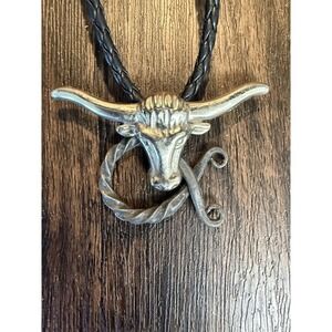 Vintage Longhorn Steer Head Bolo Tie Silver Tone Black Braided Leather Western